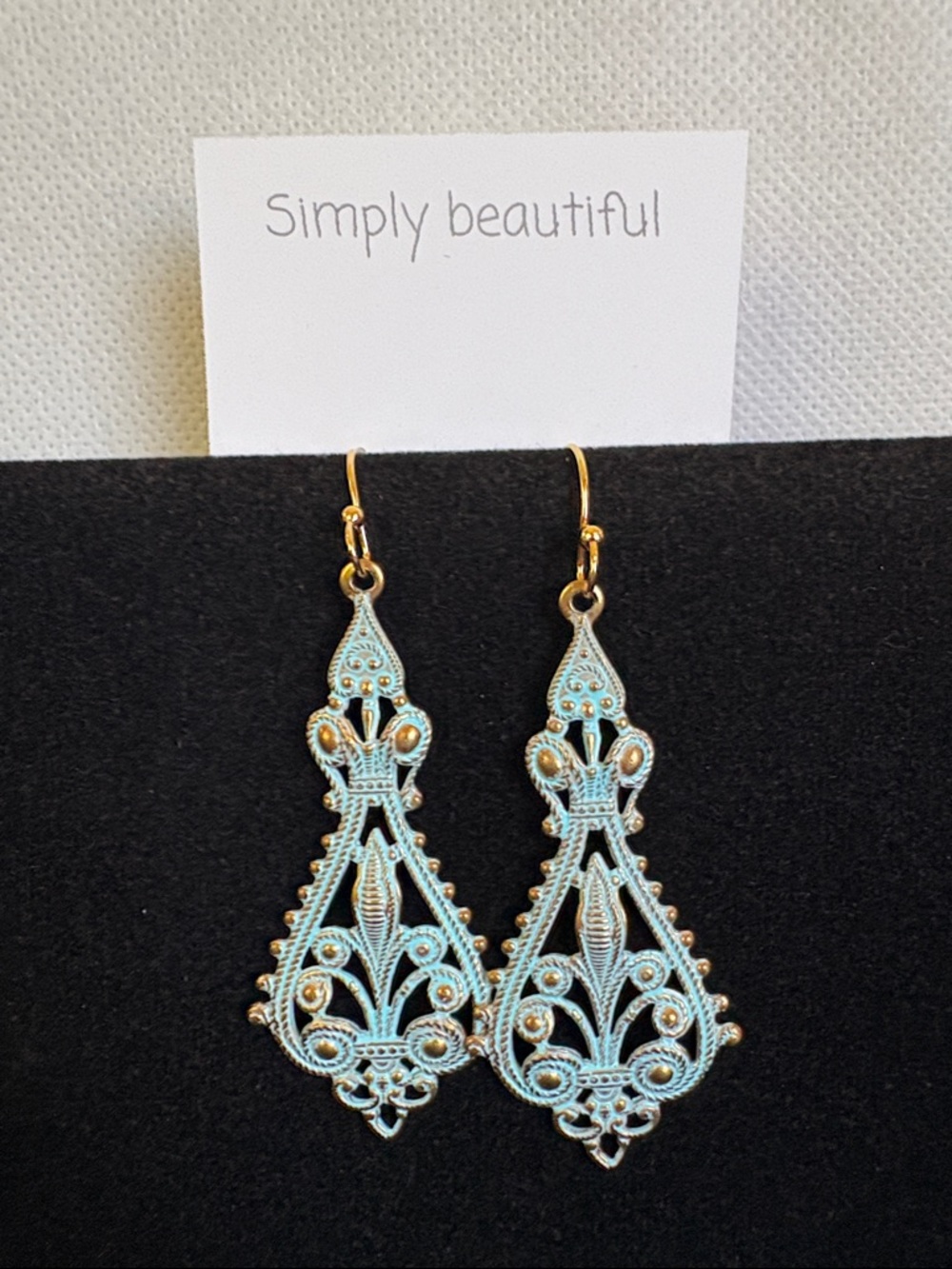 Simply Beautiful Aqua Filigree Drop Earrings 18k gold plated Nickel Free